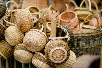 Wicker baskets of various sizes sold on Easter market in Vilnius. Annual spring fair on the streets of capital of Lithuania.