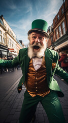 Fototapeta premium An elderly man cool dancing dressed in green celebrating St Patrick's Day with festive cheer
