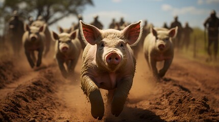 A group of feral hogs running through a muddy field, - obrazy, fototapety, plakaty