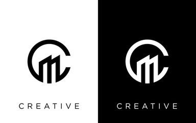 modern CM letter real estate logo in linear style with simple roof building in blue