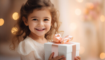 Fototapeta na wymiar Little beautiful girl rejoices at a gift