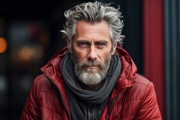 Portrait of an old man in a red jacket and gray scarf.