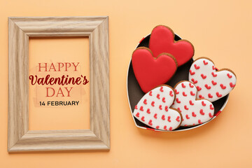 Festive banner for Valentines Day with heart shaped cookies and photo frame