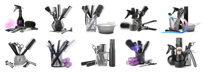 Set of different hairdresser's tools isolated on white