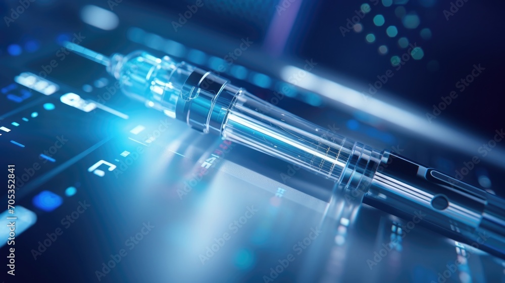 Poster closeup of a smart surgical instrument, equipped with sensors and ai algorithms, assisting with tiss