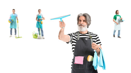 Set of people with cleaning supplies on white background