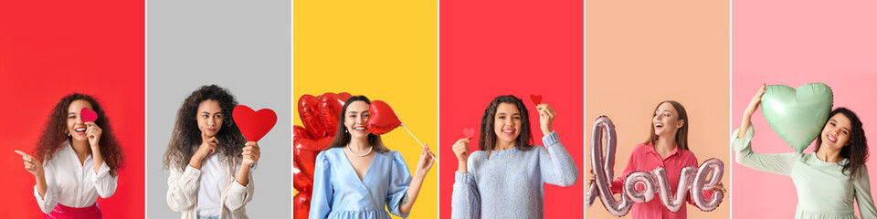 Group of beautiful young women celebrating Happy Valentines Day on color background