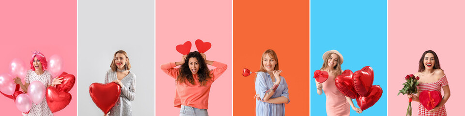Collection of beautiful young women celebrating Happy Valentines Day on color background