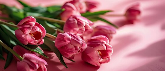 Obraz premium Spring decoration and invite card greeting with tulip flowers on pink surface. Women's Day, March 8th, Easter, Mother's Day, or Anniversaries