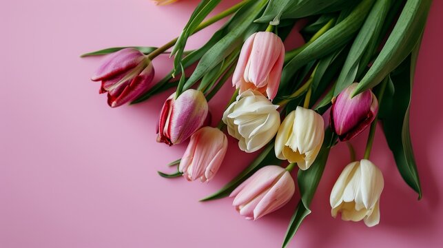 Spring decoration and invite card greeting with tulip flowers on pink surface. Women's Day, March 8th, Easter, Mother's Day, or Anniversaries