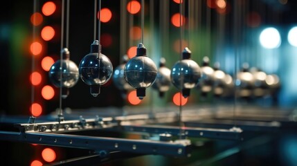 Closeup of a highspeed camera capturing the movement of a Newtons cradle display in slow motion.
