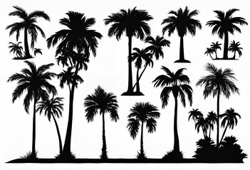 Set of palm trees black color and isolated white background