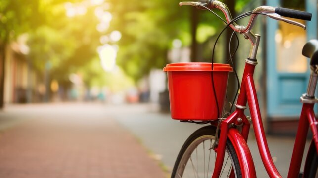Closeup of a bicycle with a basket full of reusable containers, promoting an ecofriendly way of transportation.