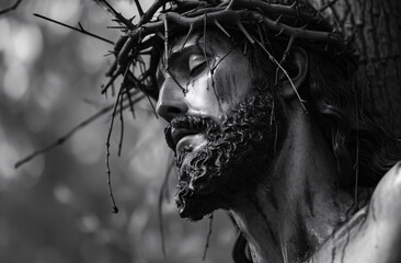 statue of Jesus Christ with crown of thorns on the cross - obrazy, fototapety, plakaty
