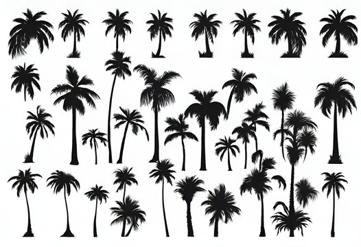 Set of palm trees black color and isolated white background
