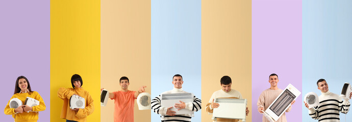 Set of young people with electric heaters on color background