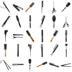 Set of professional hairdressing tools on white background