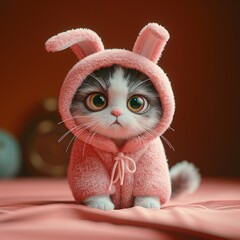 Fototapeta premium A black and white cat dressed up in a pink bunny costume. 