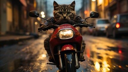 Cat riding a motorcycle in the rain - obrazy, fototapety, plakaty