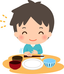 食事を終えて箸を置く笑顔の男性