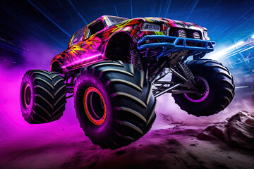 Neon-Lit Monster Truck in Action in Mid-Air