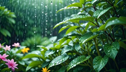 A gentle rain shower rejuvenates colorful gardens, symbolizing the refreshing spirit of spring - obrazy, fototapety, plakaty
