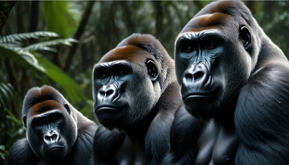 Obraz premium Gorillas huddled together, their fur glistening in the rainforest during a tropical downpour