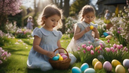 Kids hunting for Easter eggs in a sunlit garden filled with vibrant spring blooms