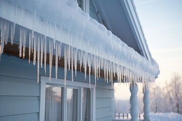 Icicles on the roof of a blue house during the day