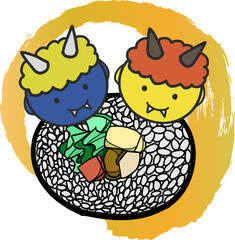 節分のかわいい鬼と恵方巻きイラスト