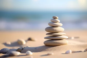 Crédence de cuisine en verre imprimé Pierres dans le sable Zen stones stack on sand waves in a minimalist setting for balance and harmony