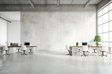 Modern office interior with large windows and white walls - obrazy, fototapety, plakaty