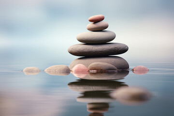 Zen stone stack on water with nature background for balance and harmony