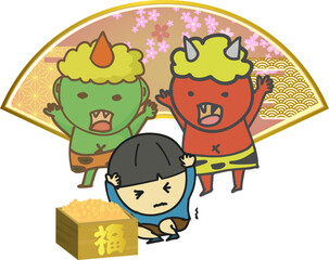 Naklejka premium 豆まきとかわいい鬼のイラスト
