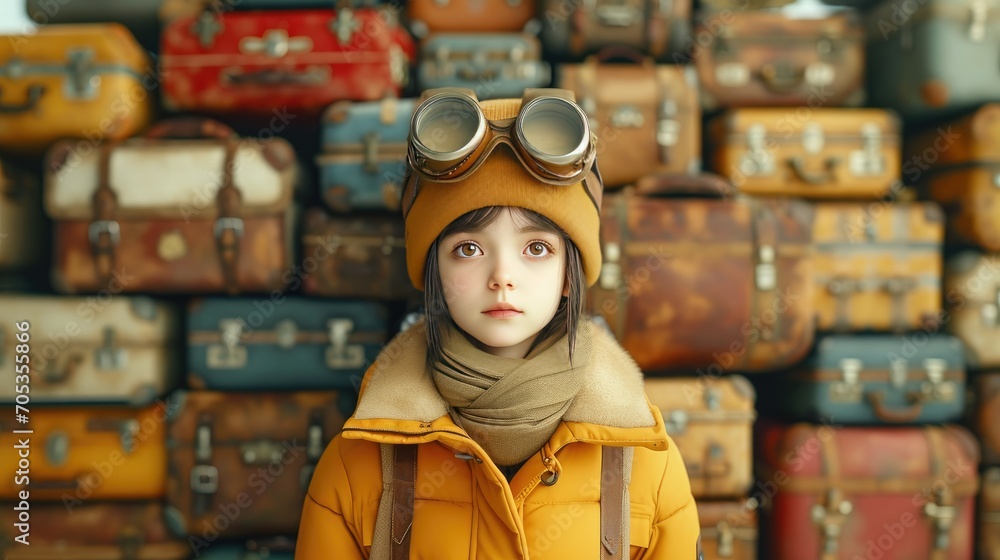 Canvas Prints a female traveler, behind her is a huge stack of suitcases, she is dressed in a beige explorer traveler's outfit , she is looking into camera, 