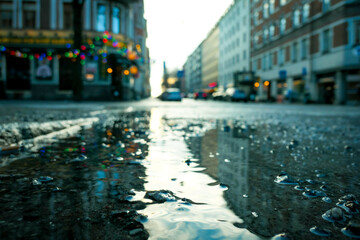 a close up of a rainy city street