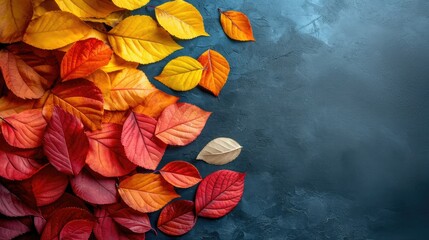 Colorful leaves spread out in large groups on black background, neon and fluorescent style, copy space background