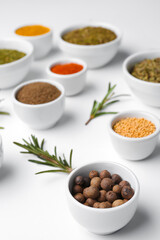 Composition with bowls of different spices and rosemary on light background, closeup