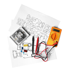 Wiring diagrams, digital multimeter and disassembled light switch isolated on white, top view