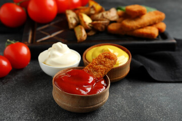 Bowls with different sauces and dipped fish nugget on black grunge table, closeup