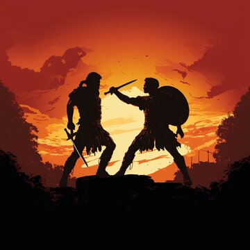graphic illustration of two roman soldiers dueling. Generative AI Illustration.