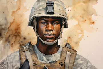 Distraught African American Soldier Bearing the Weight of Sorrow and PTSD, Against the Background of Military Warfare - obrazy, fototapety, plakaty