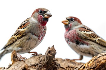 Fototapeta premium a couple Finch standing menacing on small root, white copy space on right,