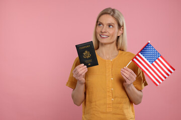 Immigration. Happy woman with passport and American flag on pink background, space for text