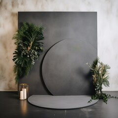 Gray concrete wall with tropical leaves and round podium