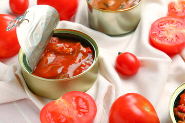 Opened tin can with fish in sauce and tomatoes on napkin