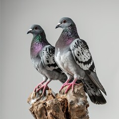 Fototapeta premium a couple Pigeons standing on small root, white copy space on right, 