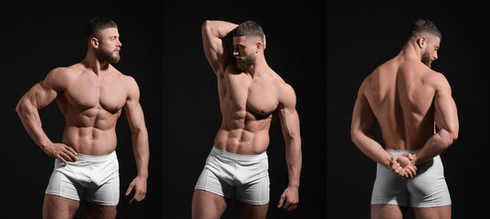 Fototapeta na wymiar Muscular man in stylish white underwear on black background, collection of photos