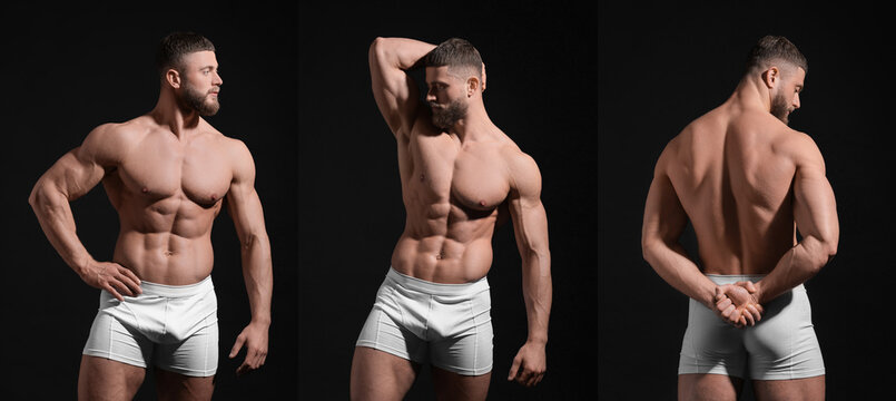Muscular man in stylish white underwear on black background, collection of photos