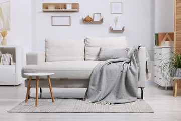 Grey plaid on comfortable sofa in living room